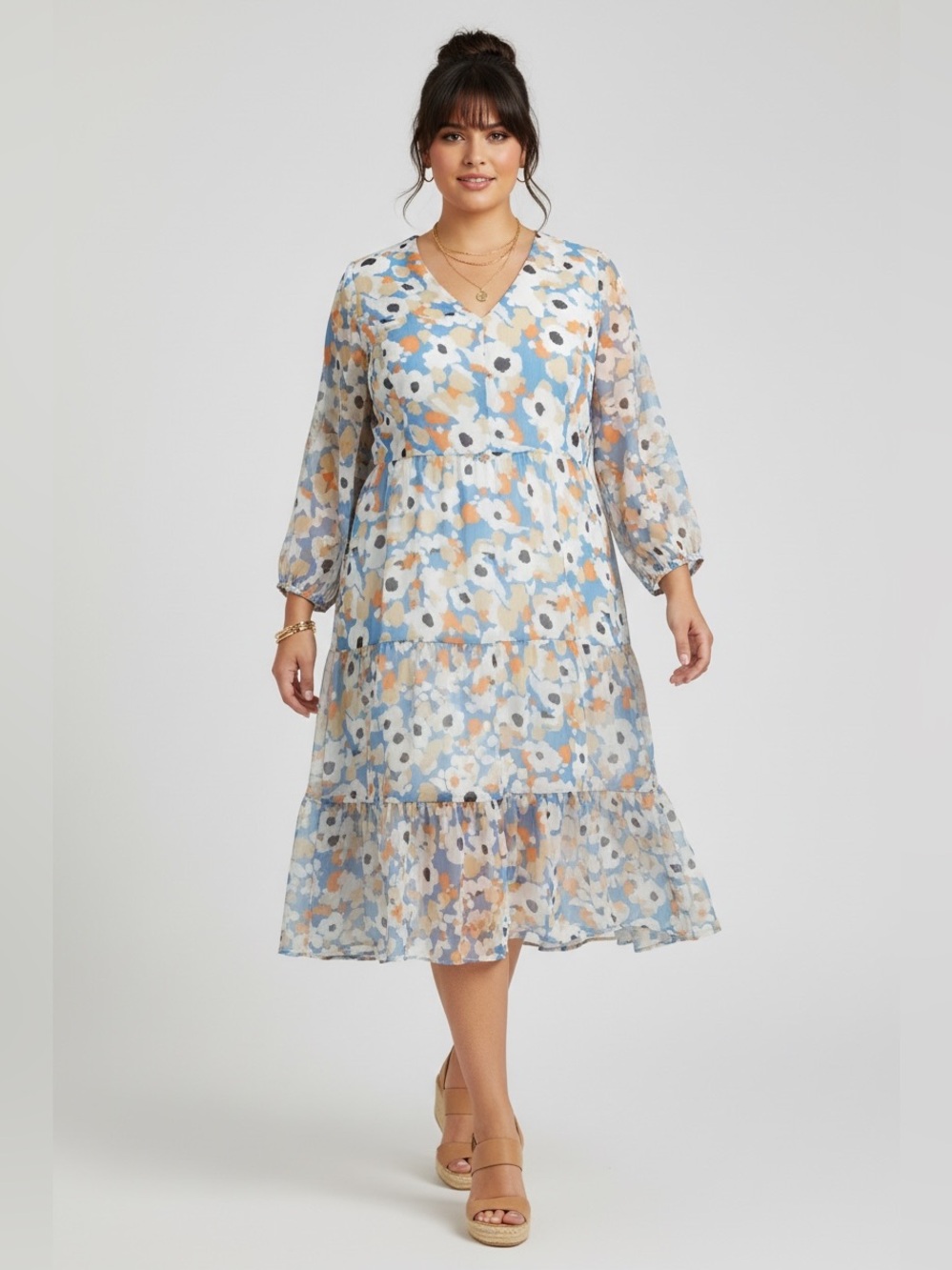 Joie XXL Floral V-Neck Tiered Midi Dress - Blue & Cream floral